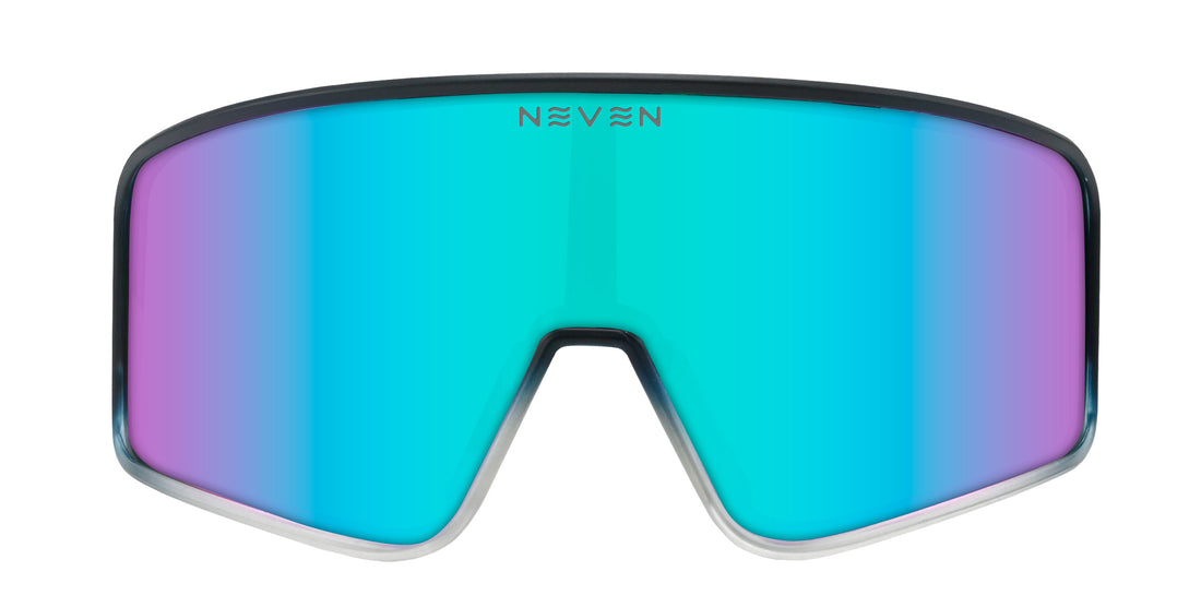 Front view of G.O.A.T polarized shield sunglasses showcasing a mirrored teal-to-purple lens and black frame on a white background