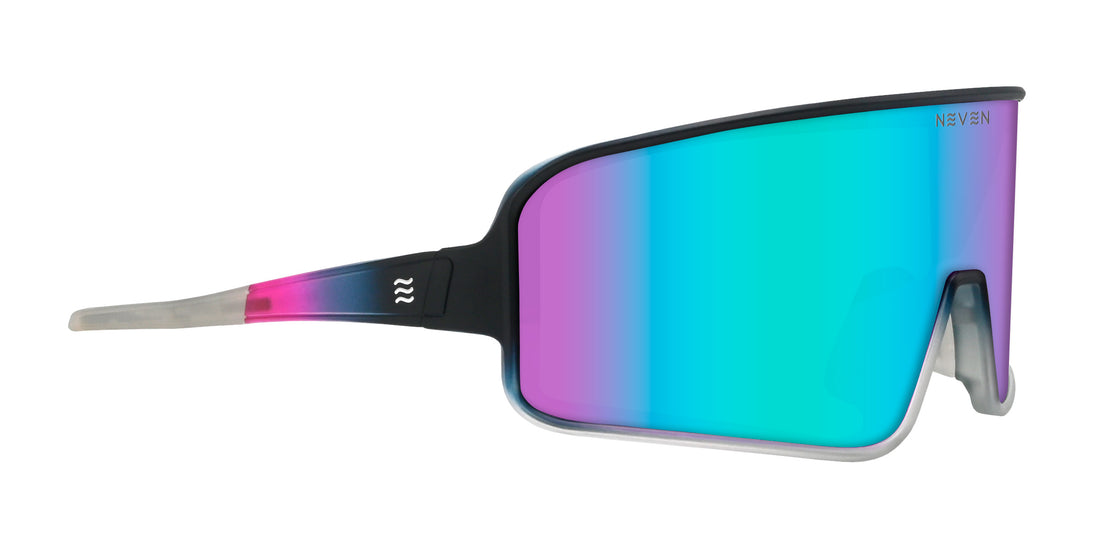 Side view of GOAT polarized shield sunglasses with mirrored teal-to-purple lens and black-to-pink gradient temple on white