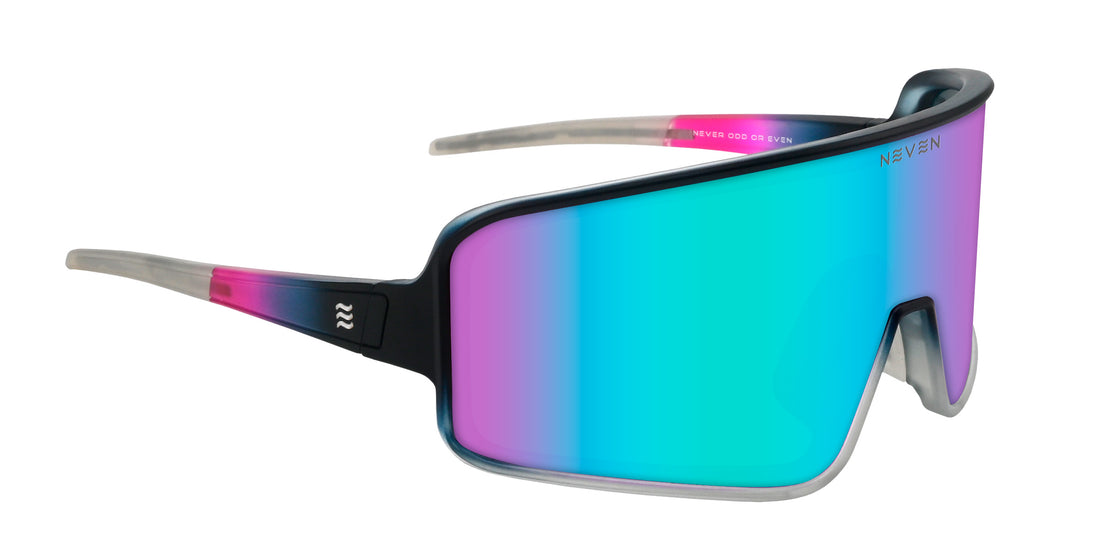 Front view of G.O.A.T polarized sunglasses with blue and purple lenses, black and purple frame, on white
