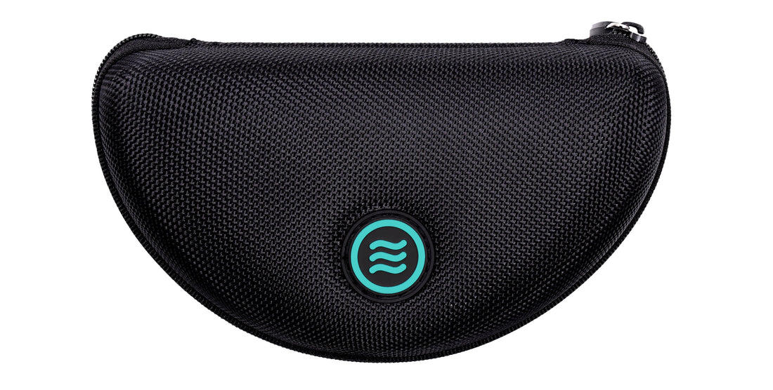 Close-up of large black hard-shell textured zippered sunglasses case with teal round Neven tilde logo