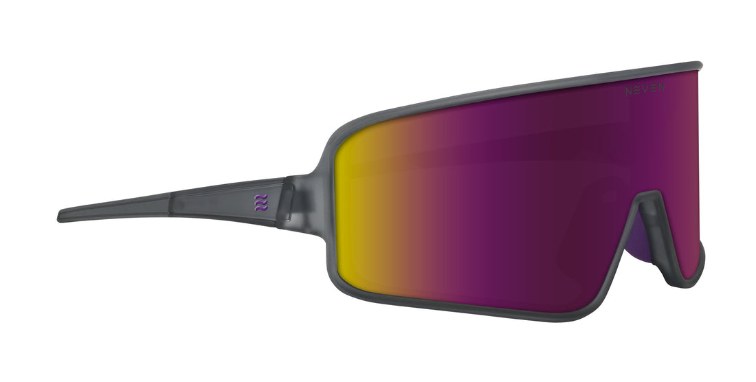 Right three-quarter view of Mattingly sunglasses showcasing a purple mirrored shield lens and matte gray frame