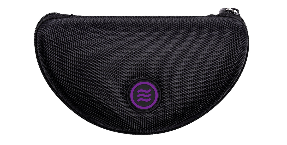 Close-up of large black hard-shell textured zippered sunglasses case with purple round Neven tilde logo