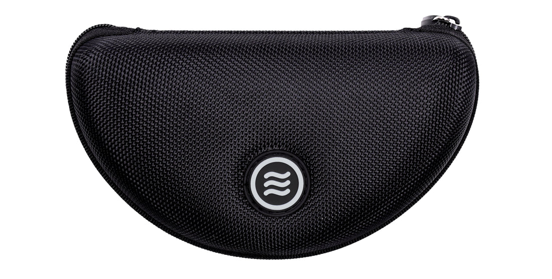 Close-up of large black hard-shell textured zippered sunglasses case with white round Neven tilde logo