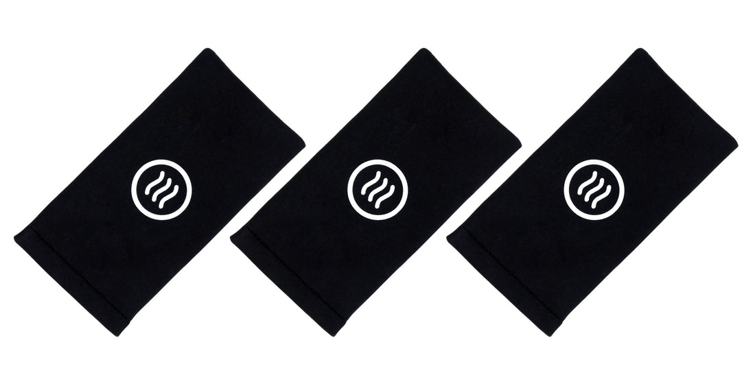 Top-down view of three black Quick Close Case sleeves with white Neven tilde logo arranged diagonally