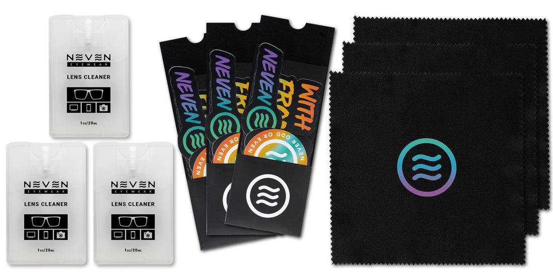 Flat lay of 3-pack card lens cleaners showing three 20ml card sprays, sticker pack, and three black microfiber cloths with Neven tilde logo