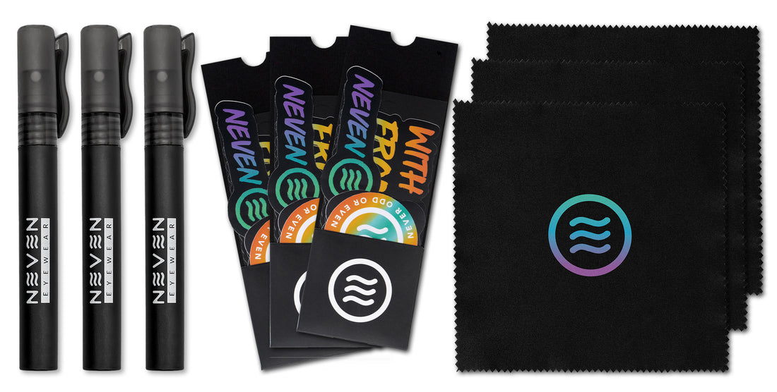 Front view of three 10ml pen-style lens cleaner sprays with black Neven microfiber cloths and sticker sheets on white background