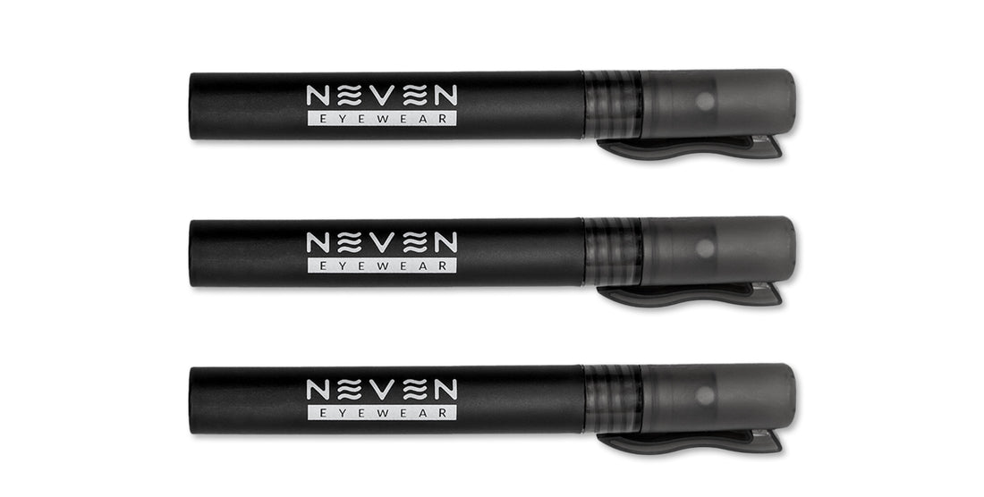 Side view of three pen-style cleaning kits showing Neven Eyewear logo, spray cap and pocket clip on white background