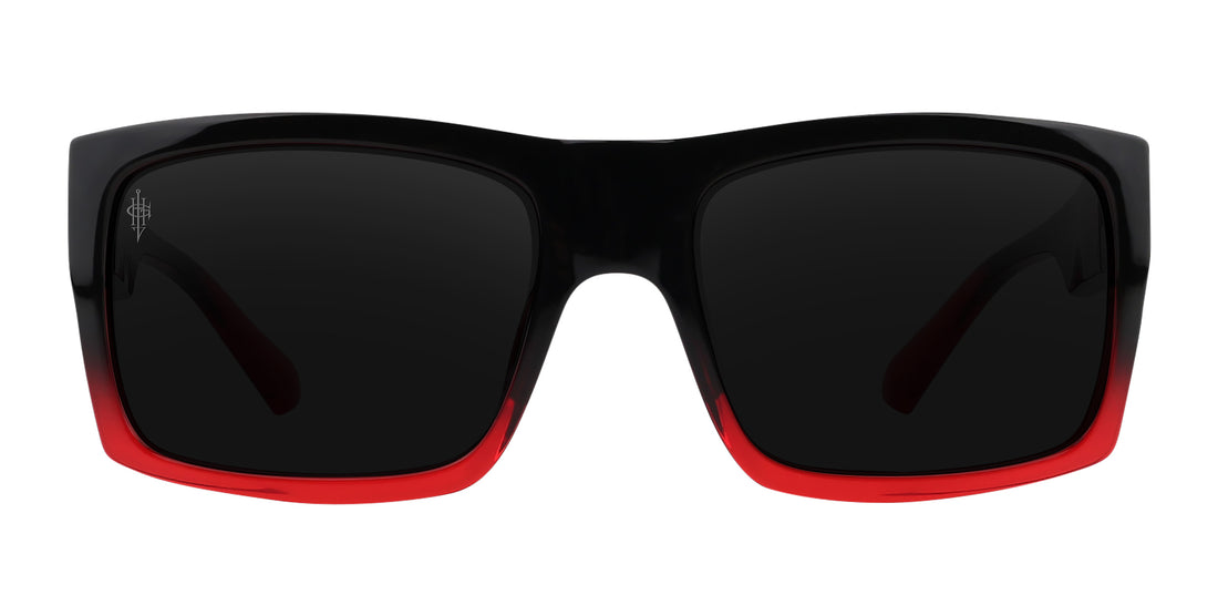 Front view of Blood Fade polarized sunglasses showcasing a black rectangular frame with red lower rims on a white background