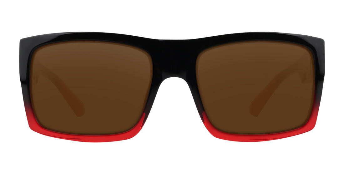Front view of Blood Fade prescription sunglasses showcasing rectangular black-to-red fade frames and brown lenses on white background