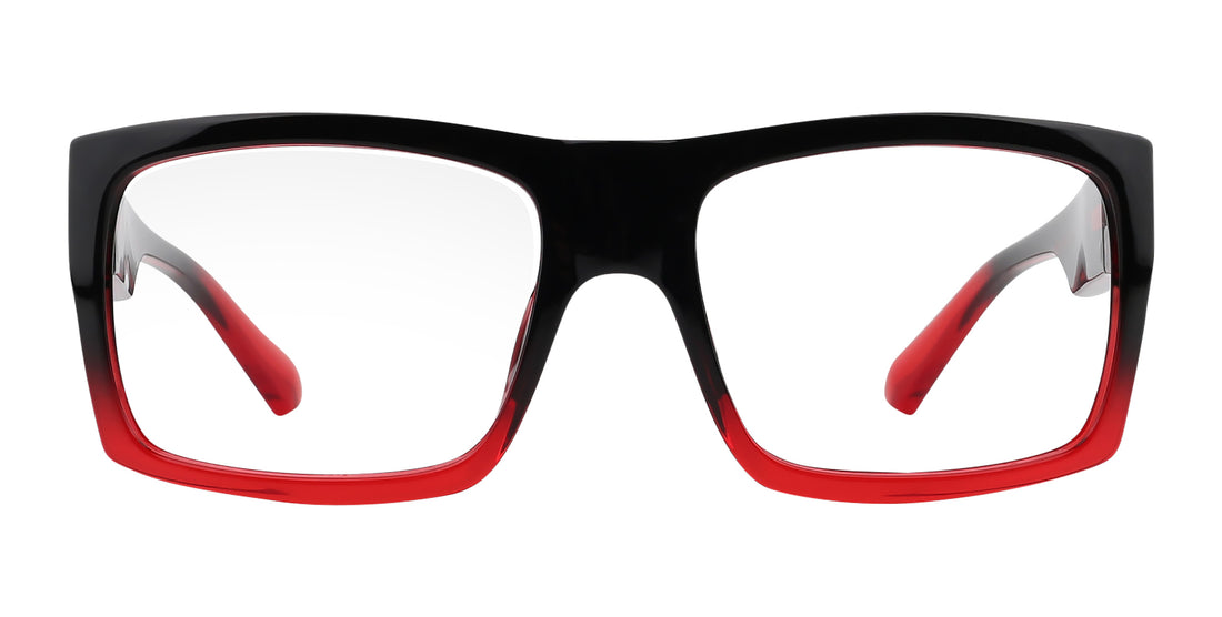 Front view of Blood Fade Dopamine prescription glasses showcasing black and red rectangular frames on a white background