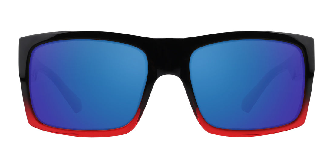 Front view of Blood Fade prescription sunglasses showcasing a black-to-red fade frame and blue lenses on a white background