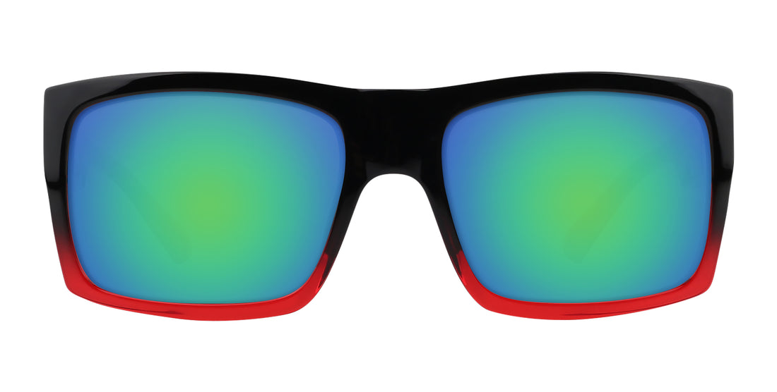 Sunglasses with black frame, red border, and multicolored lenses on a white background