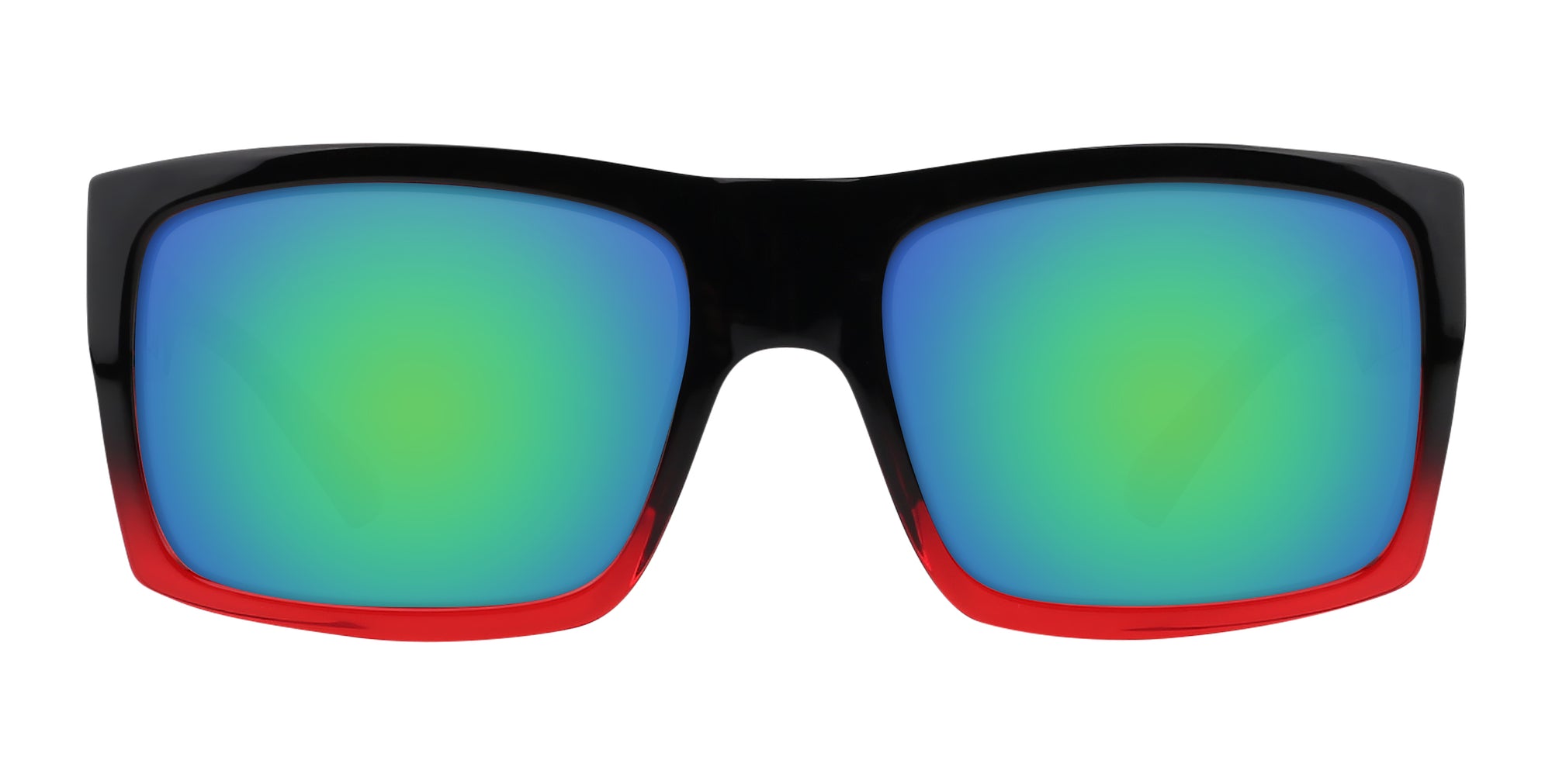 Sunglasses with black frame, red border, and multicolored lenses on a white background