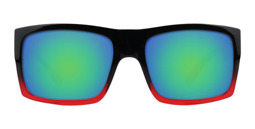 Sunglasses with black frame, red border, and multicolored lenses on a white background
