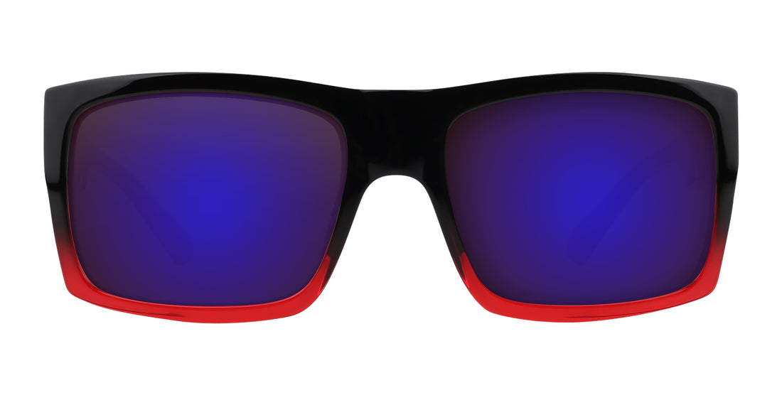 Sunglasses with black frame and red accents on a white background