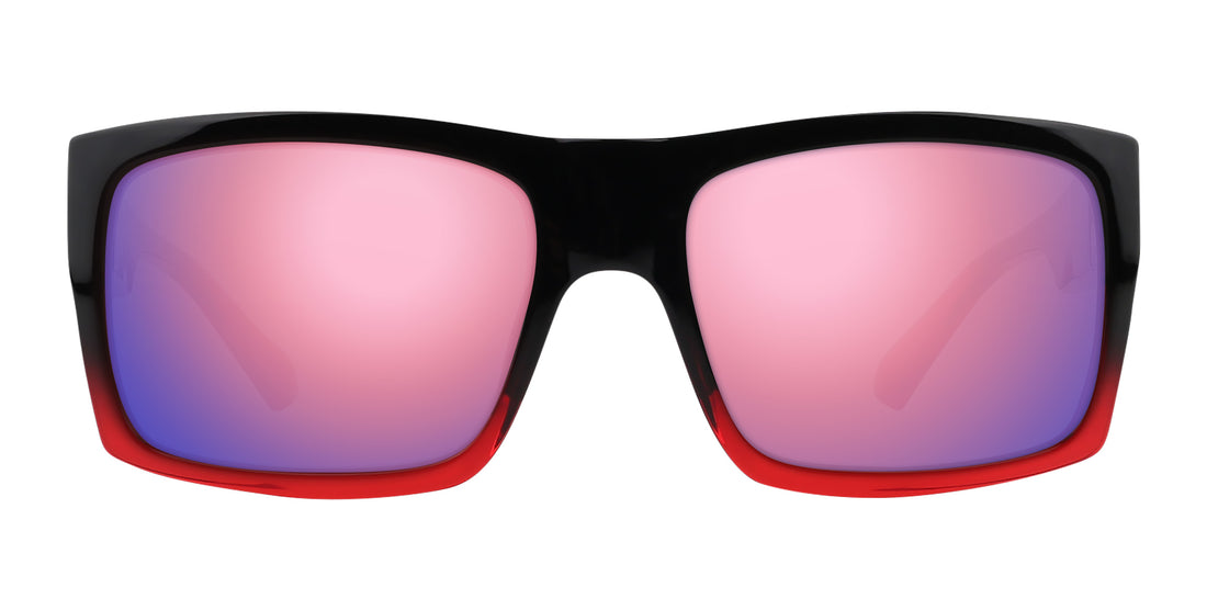 Front view of Blood Fade rectangular prescription sunglasses showing black-to-red frames and rose-pink lenses on white background