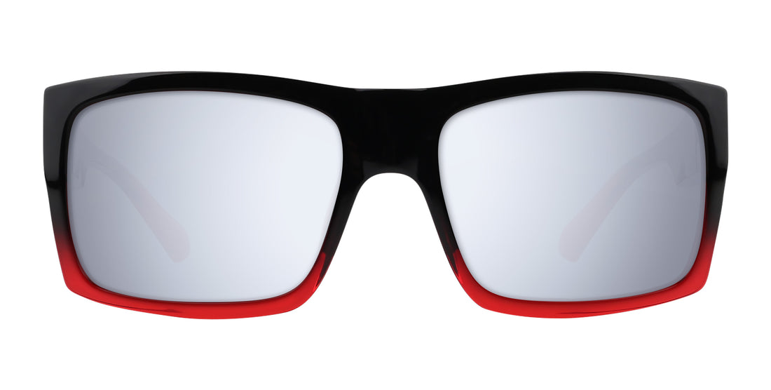 Front view of Blood Fade rectangular prescription sunglasses showcasing black-to-red fade frames and silver lenses on white background