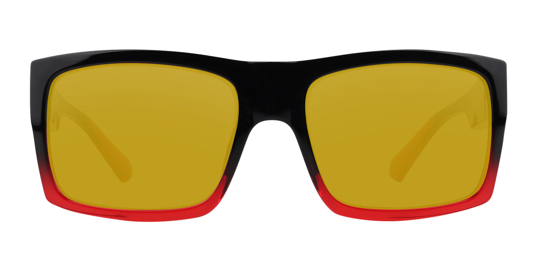 Sunglasses with black frame and yellow lenses on a white background