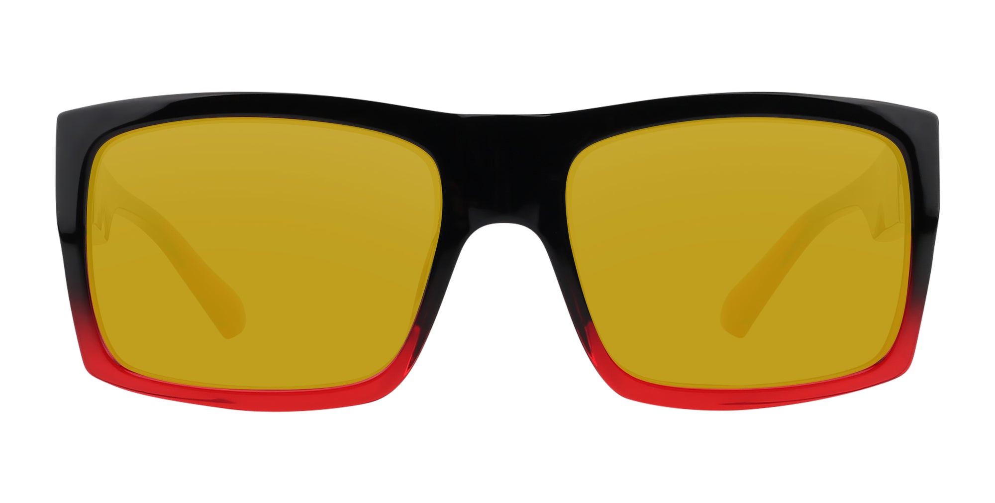 Sunglasses with black frame and yellow lenses on a white background