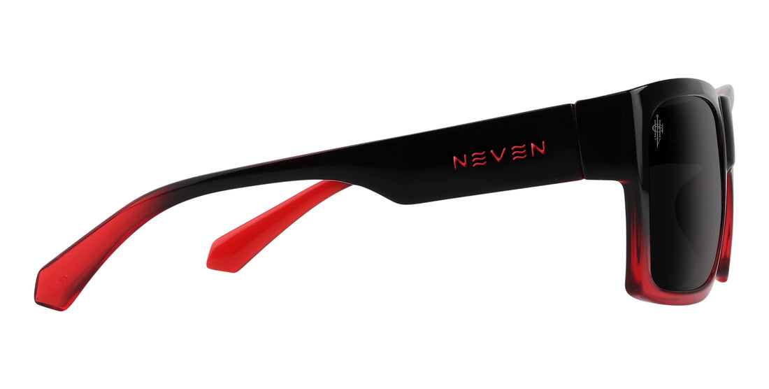 Side view of Blood Fade sunglasses showcasing black-to-red fade, Neven logo and etched lens signature on white background