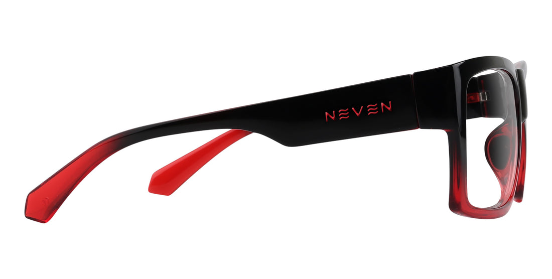 Blood Fade Black and red rectangular prescription glasses from Neven Eyewear Pair name: Blood Fade Frame shape: rectangular.
