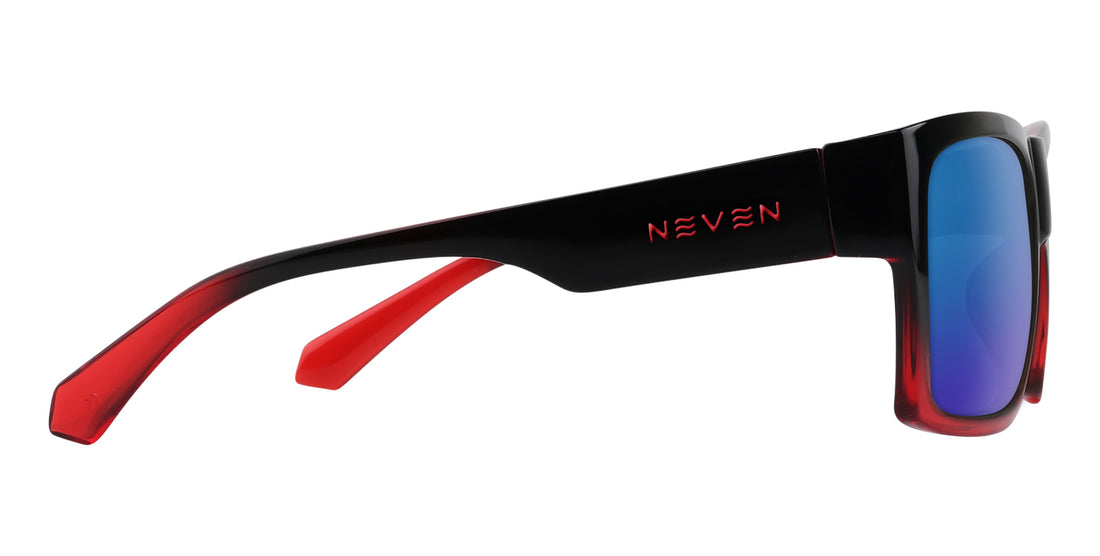 Side view of Blood Fade rectangular prescription frames showcasing black-to-red fade and red temple arms on white background