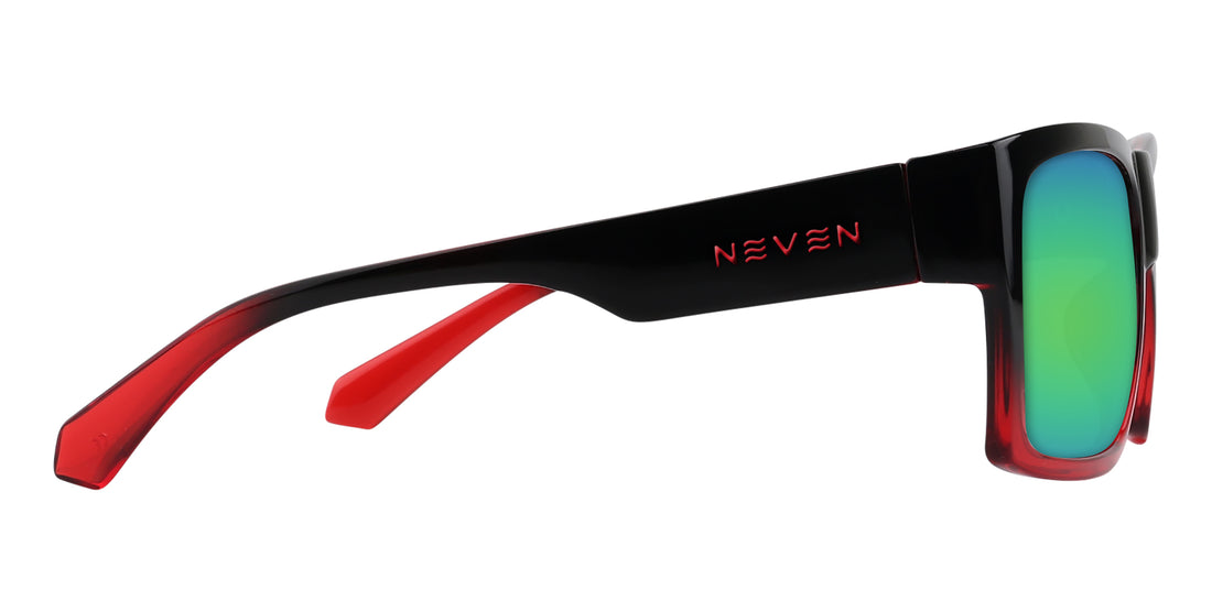 Sunglasses with black frame and red arms on a white background