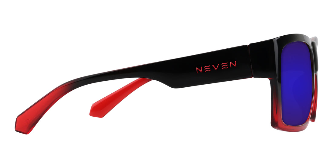 Sunglasses with black frame and red arms on a white background