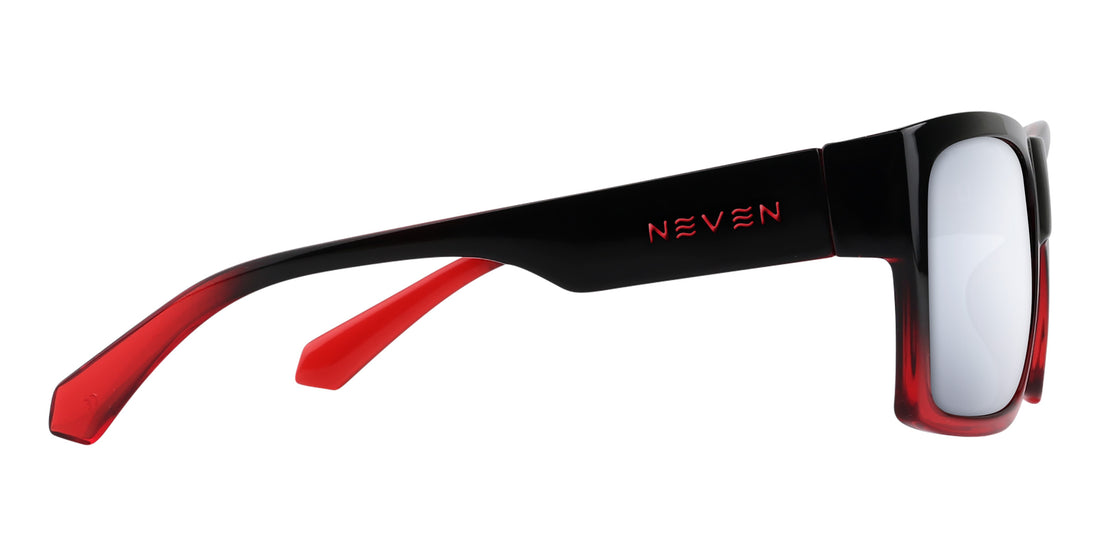Side view of Blood Fade prescription sunglasses showcasing black-to-red fade frames and silver lenses on white background
