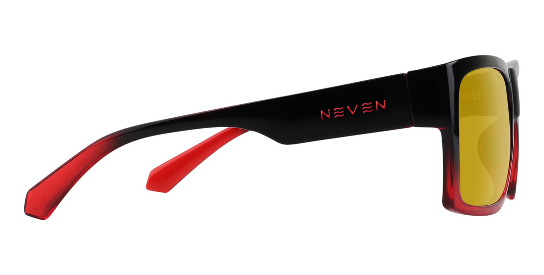 Sunglasses with black and red frame and yellow lens on a white background