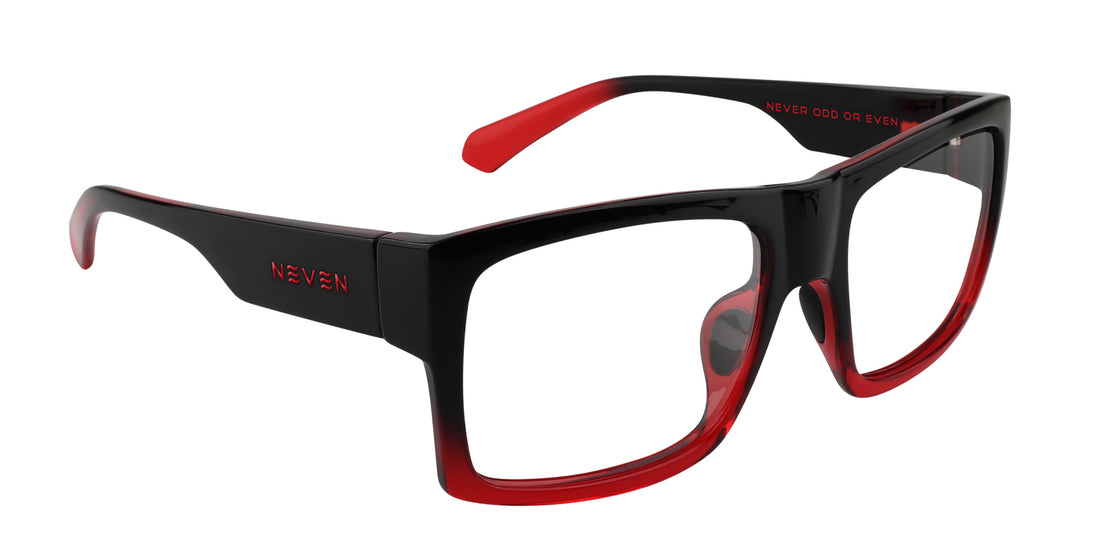 Three-quarter view of Blood Fade prescription glasses showcasing black-to-red rectangular frames with clear lenses on white background