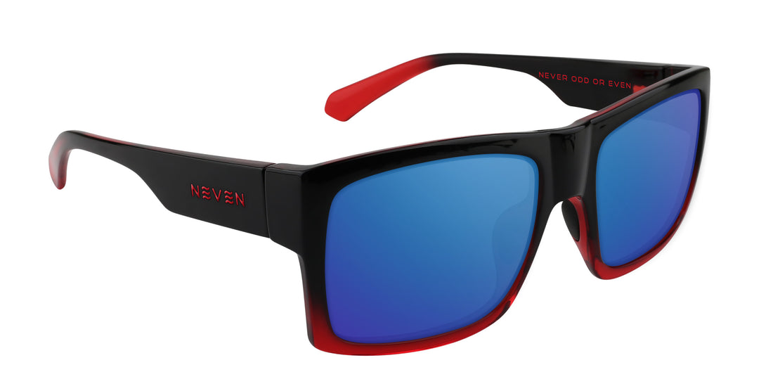 Three-quarter view of Blood Fade rectangular prescription sunglasses showcasing black-to-red fade frames and blue lenses on white background