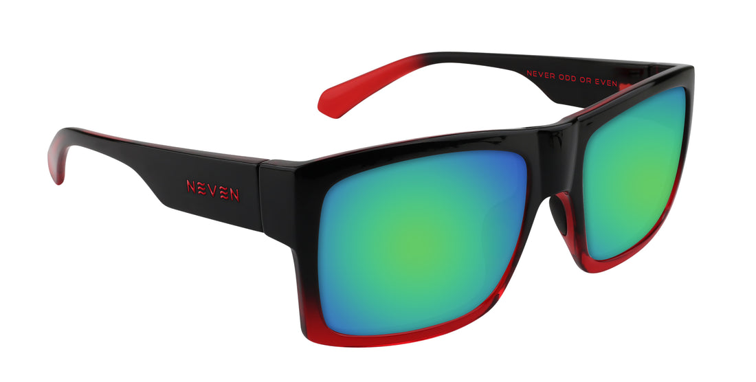 Sunglasses with black frame, red accents, and green reflective lenses on a white background