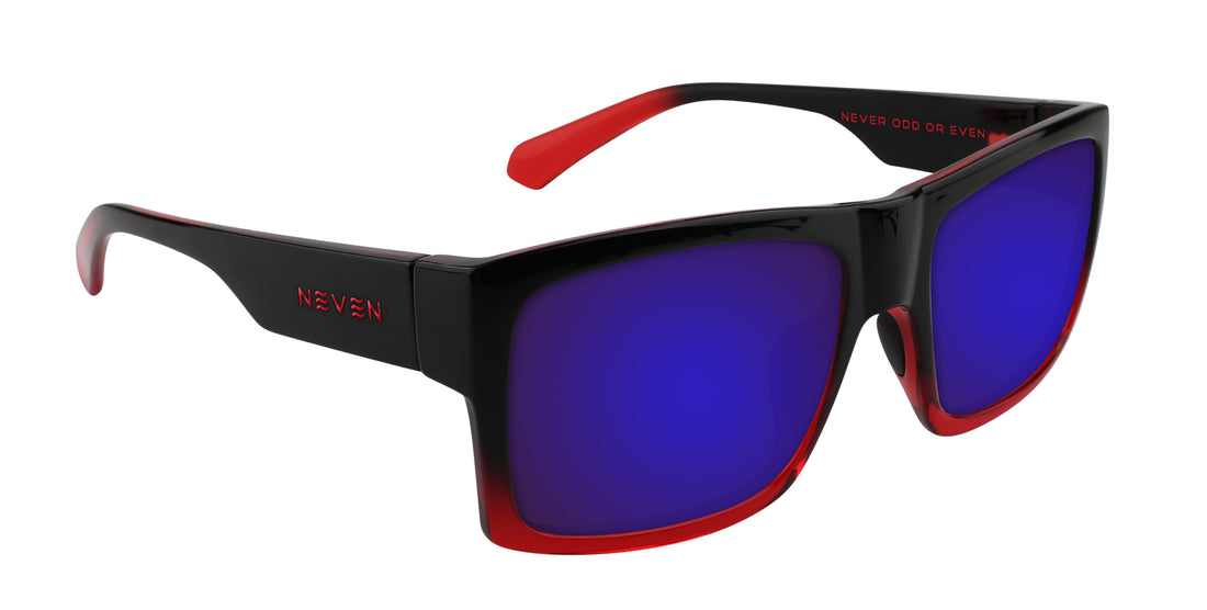 Sunglasses with black frame and red accents on a white background