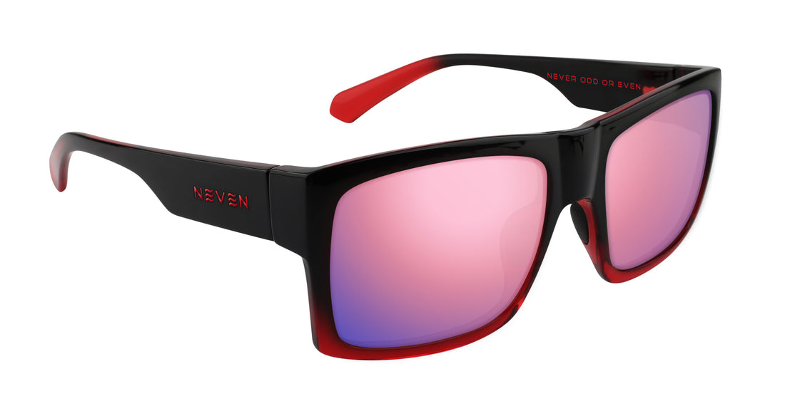 Three-quarter view of Blood Fade prescription glasses showcasing black-to-red rectangular frames and pink gradient lenses on white background
