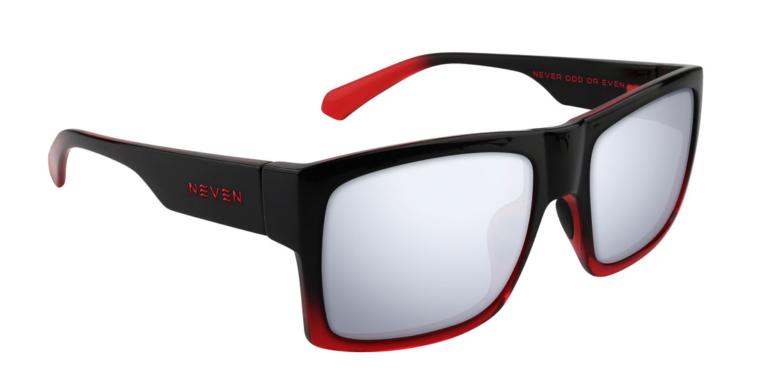 Three-quarter view of Blood Fade prescription sunglasses showcasing glossy black-to-red rectangular frames on a white background