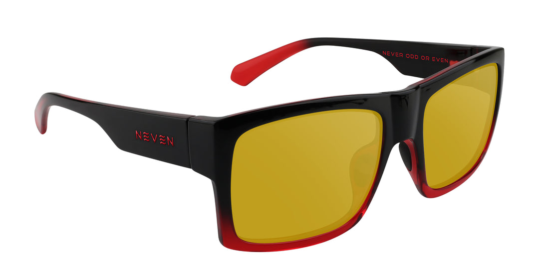 Three-quarter view of Blood Fade prescription sunglasses showcasing black-to-red frames and yellow lenses on white background