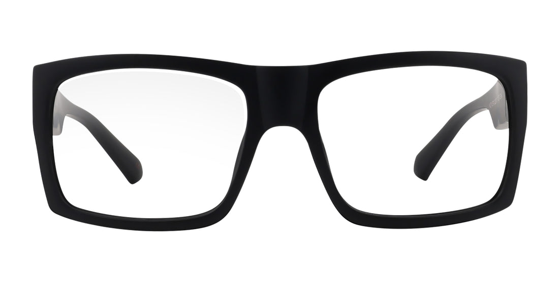Front view of Dopamine prescription glasses showcasing black rectangular frames on a white background