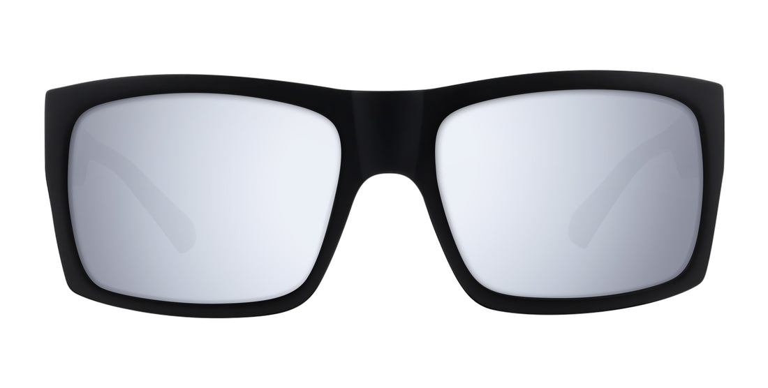 Front view of Dopamine prescription sunglasses showcasing black rectangular frames and silver lenses with a white background