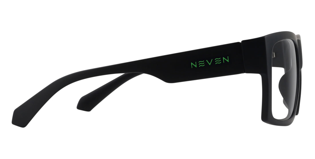 Side view of Dopamine prescription sunglasses showcasing black frames and clear lenses on a white background