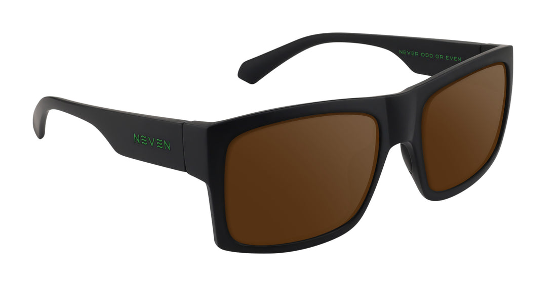 Front three-quarter view of Dopamine prescription sunglasses showcasing black frames and brown lenses with a white background