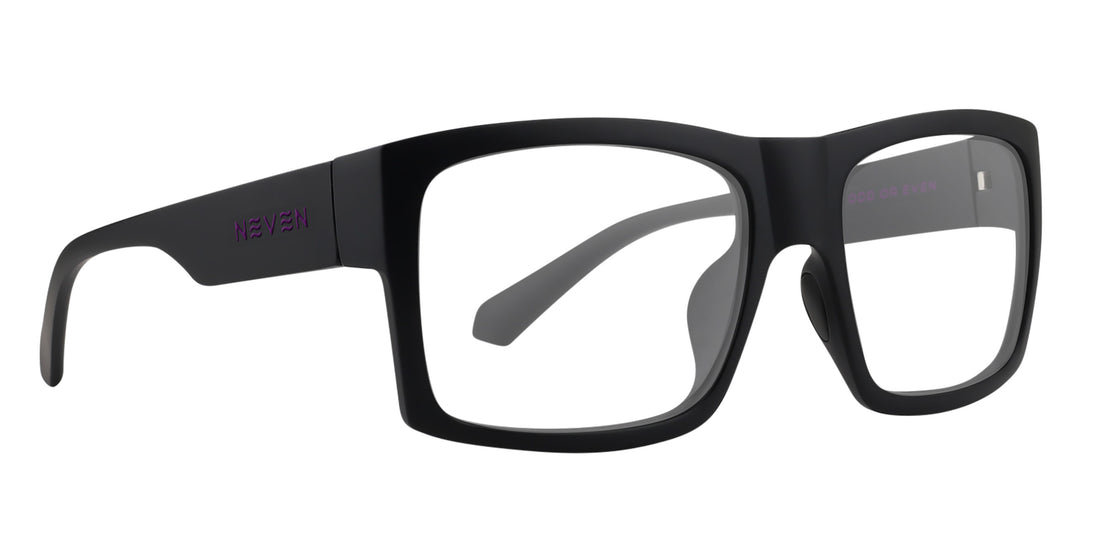 Front three-quarter view of Purple Reign prescription sunglasses showcasing black rectangular frames with clear lenses on a white background
