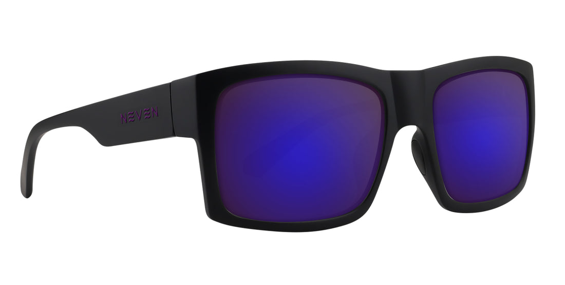 Front view of Purple Reign prescription sunglasses showcasing black frames and purple lenses with a white background