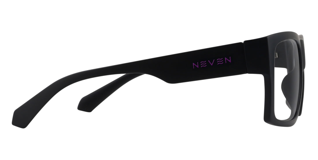 Side view of Purple Reign prescription sunglasses showcasing black rectangular frames with clear lenses on a white background