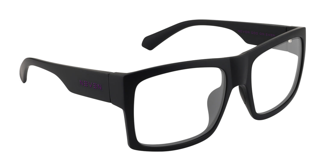 Angled view of Purple Reign prescription glasses showcasing black rectangular frames and clear lenses on a white background
