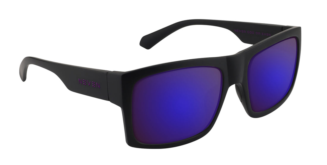Three-quarter view of Purple Reign prescription sunglasses showcasing black frames and purple lenses on a white background