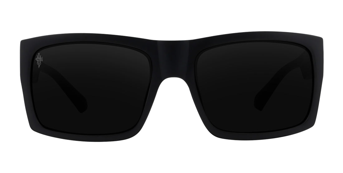 Front view of Redrum sunglasses showcasing a matte black rectangular frame and black polarized lenses on a white background
