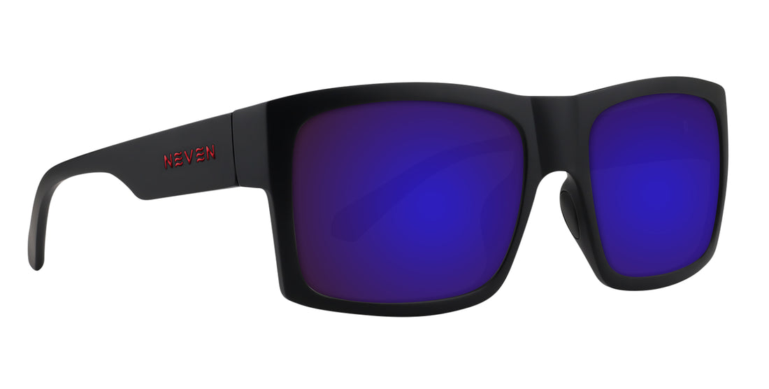 Close-up three-quarter view of Redrum prescription sunglasses showcasing matte black rectangular frame, red temple logo, and purple mirrored lenses on white background