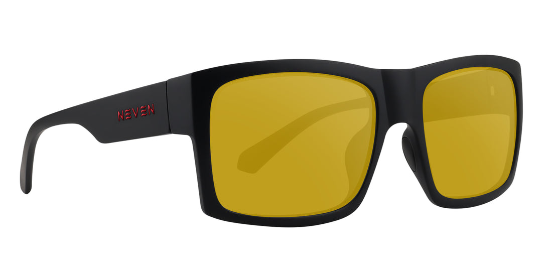Close-up of Redrum prescription sunglasses with matte black rectangular frame, yellow lenses, and red Neven logo on white background