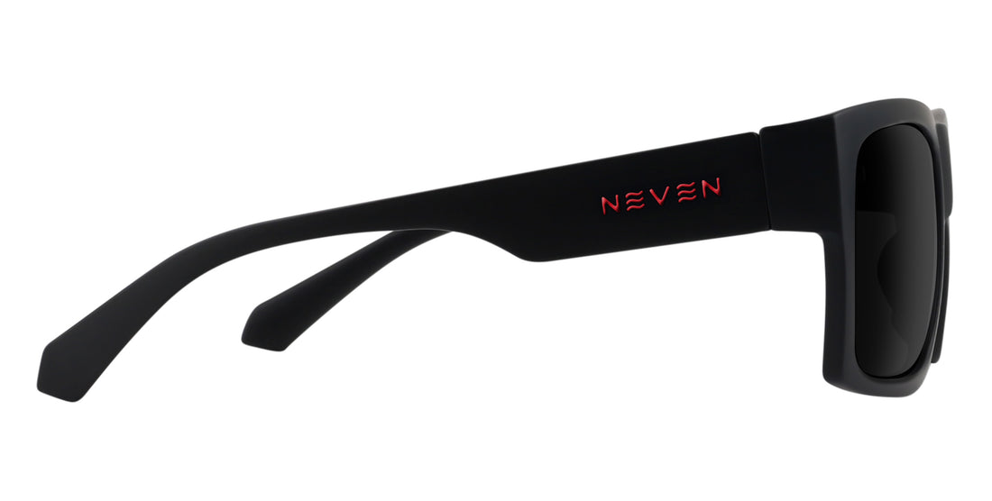 Side view of Redrum sunglasses showcasing matte black rectangular frame and red NEVEN logo on temple against white background